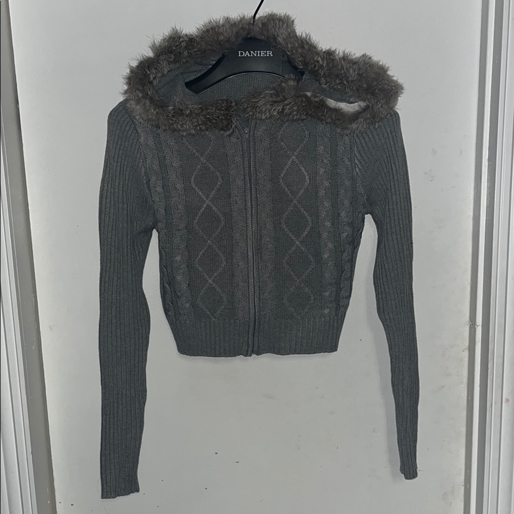 Gray Knit Sweater with Faux Fur Hood